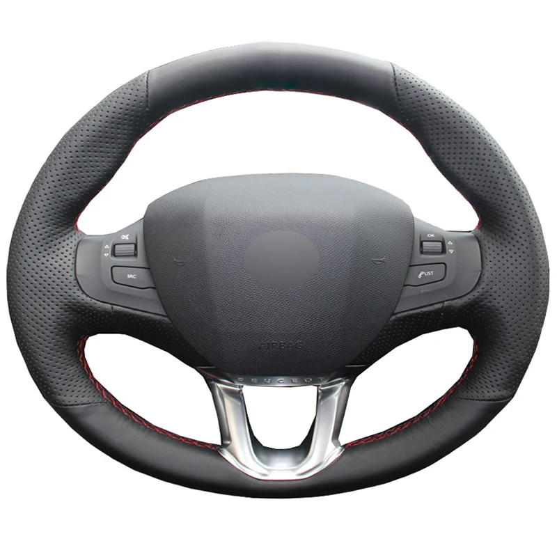 

Сшитый вручную чехол на руль автомобиля для Peugeot 208 Peugeot 2008 2014-2018, нескользящая кожаная оплетка из микрофибры, черная