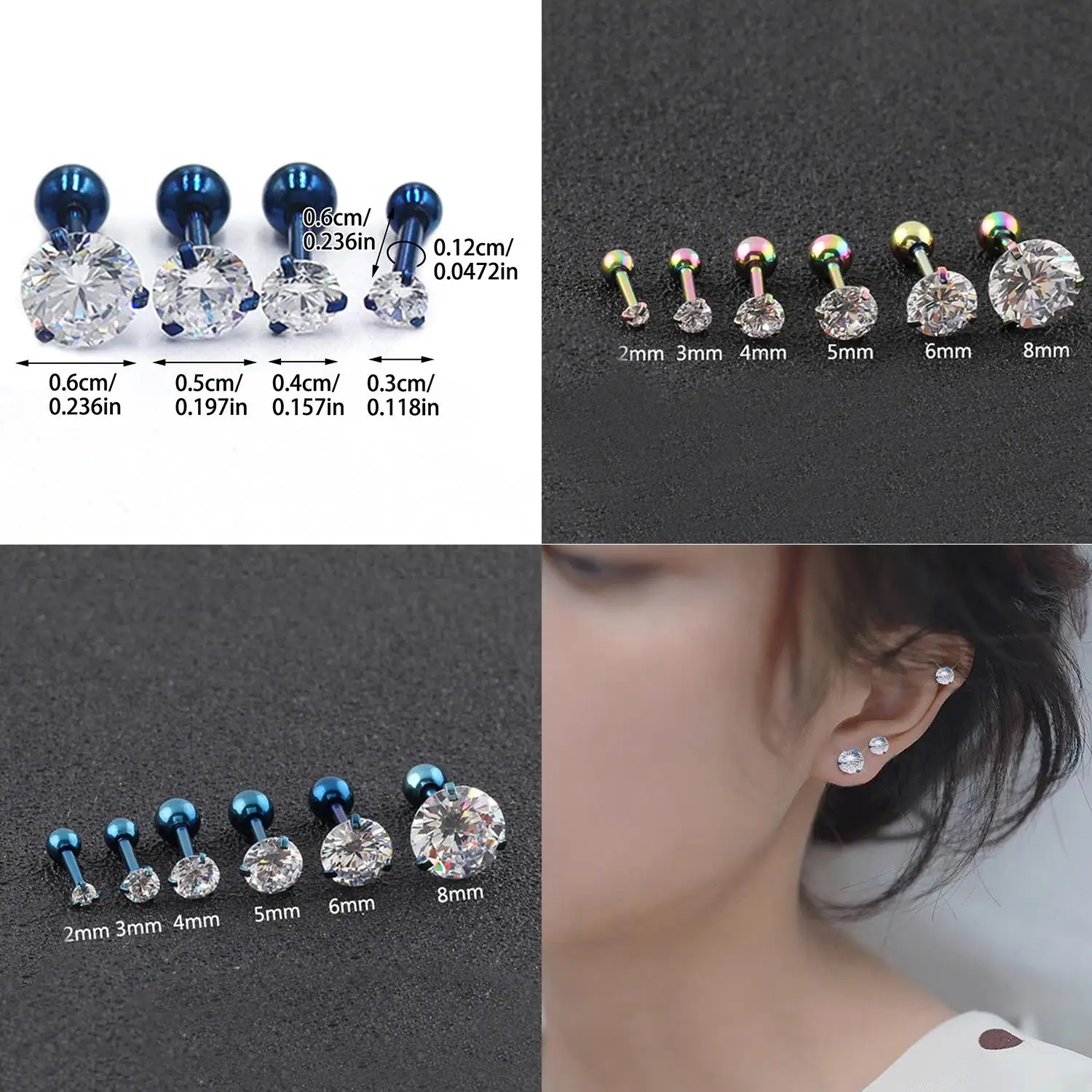 1 pieza de acero de titanio 3/4/5/6mm 3 puntas cartílago de la oreja Tragus Helix Piercing pendientes para mujeres Ins Piercing joyería regalo