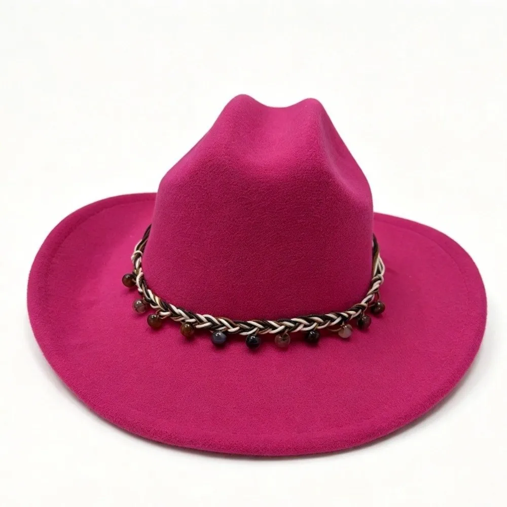 Felt Cowboy Hat Vintage Western Style Curved Brim Western Hat Decorative Chain Band Structured Crown Fedora Hat