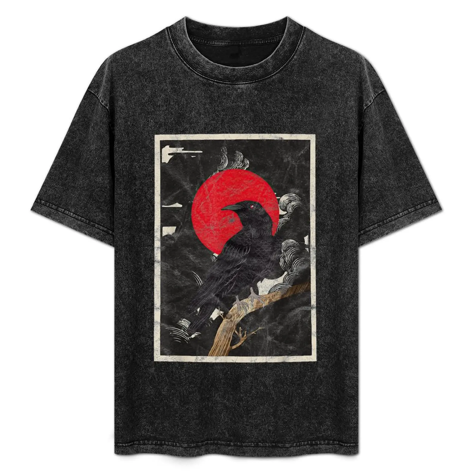 

Red Moon Graphic Black Crow T-Shirt plus size tops baggy shirts mens clothes