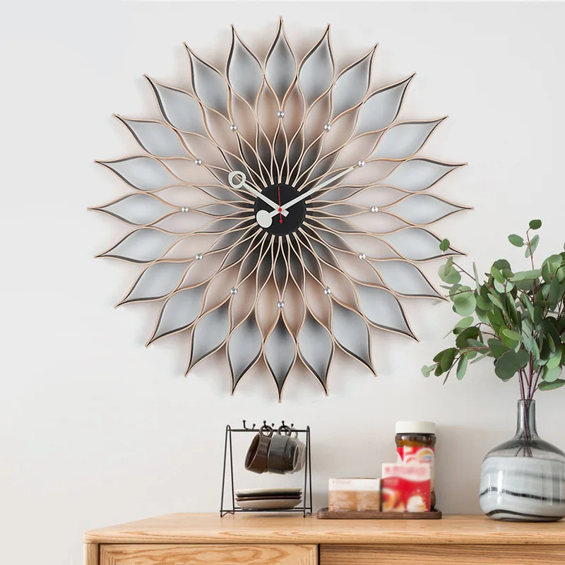 Nordic Large Sunflower wall clock 76cm Wood Luxury Creative Silent Watch Metal Clocks Wall Home Decor Livingroom Decoration Gift