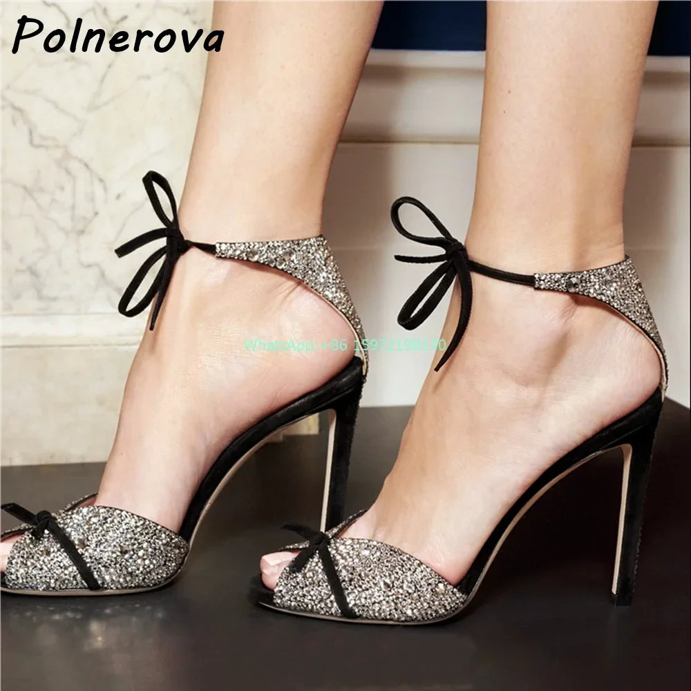 

Black Crystal Bows Sandals Black Red 2025 Fashion Luxury Bling Ankle Band Lace Up High Heel Shoes Peep Toe Summer Stiletto Shoes