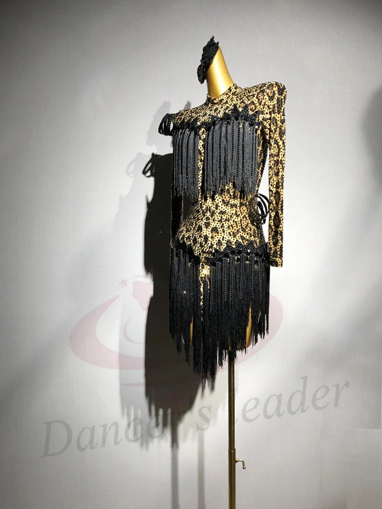 Latin Dancer Adult Children High-End Custom Tassel Patchwork Leopard Print Dress Tango Samba AB Stone Performance Dress
