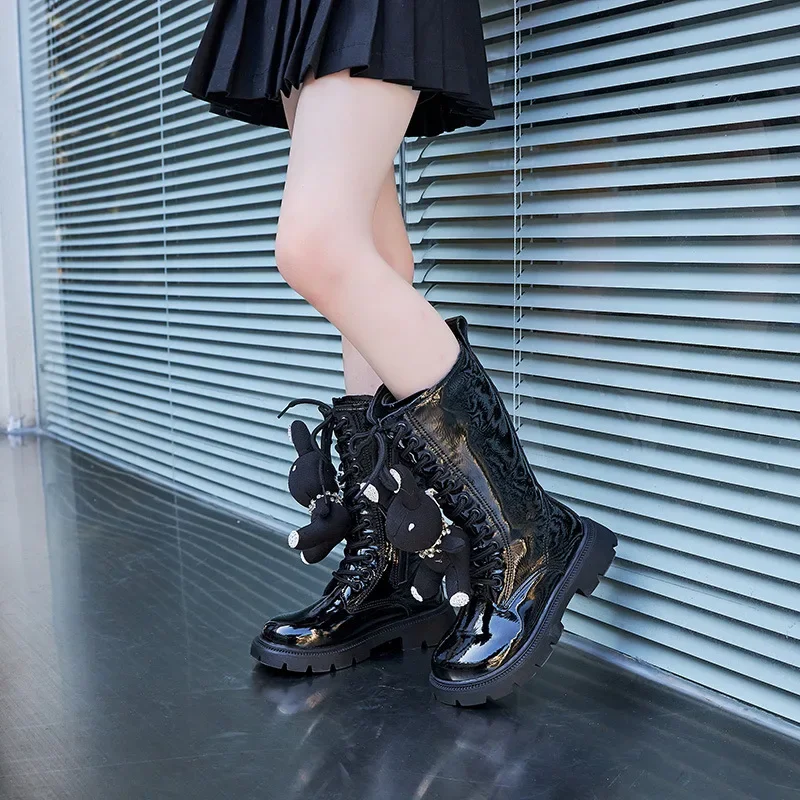 Inverno 2022 novas meninas do bebê botas longas plutônio brilhante crianças moda versátil casual bonito boneca coelho preto estreito banda cavaleiro botas