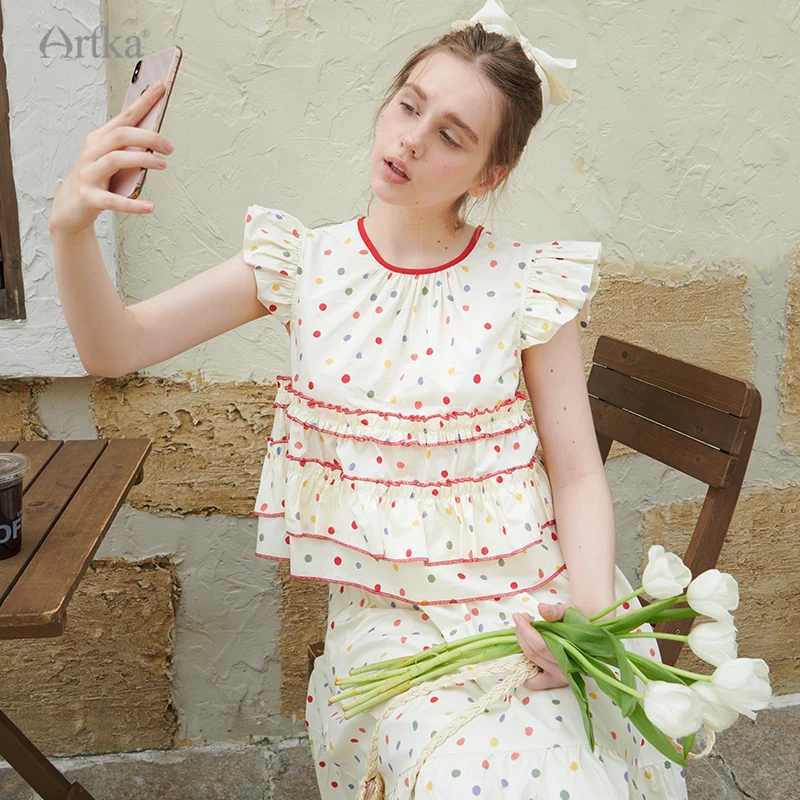 ARTKA 2024 Summer New Women Blouse Set French Sweet Dots Fly Sleeve Top Three-piece Set A-Line Long Skirt Shorts Set TZ92142X