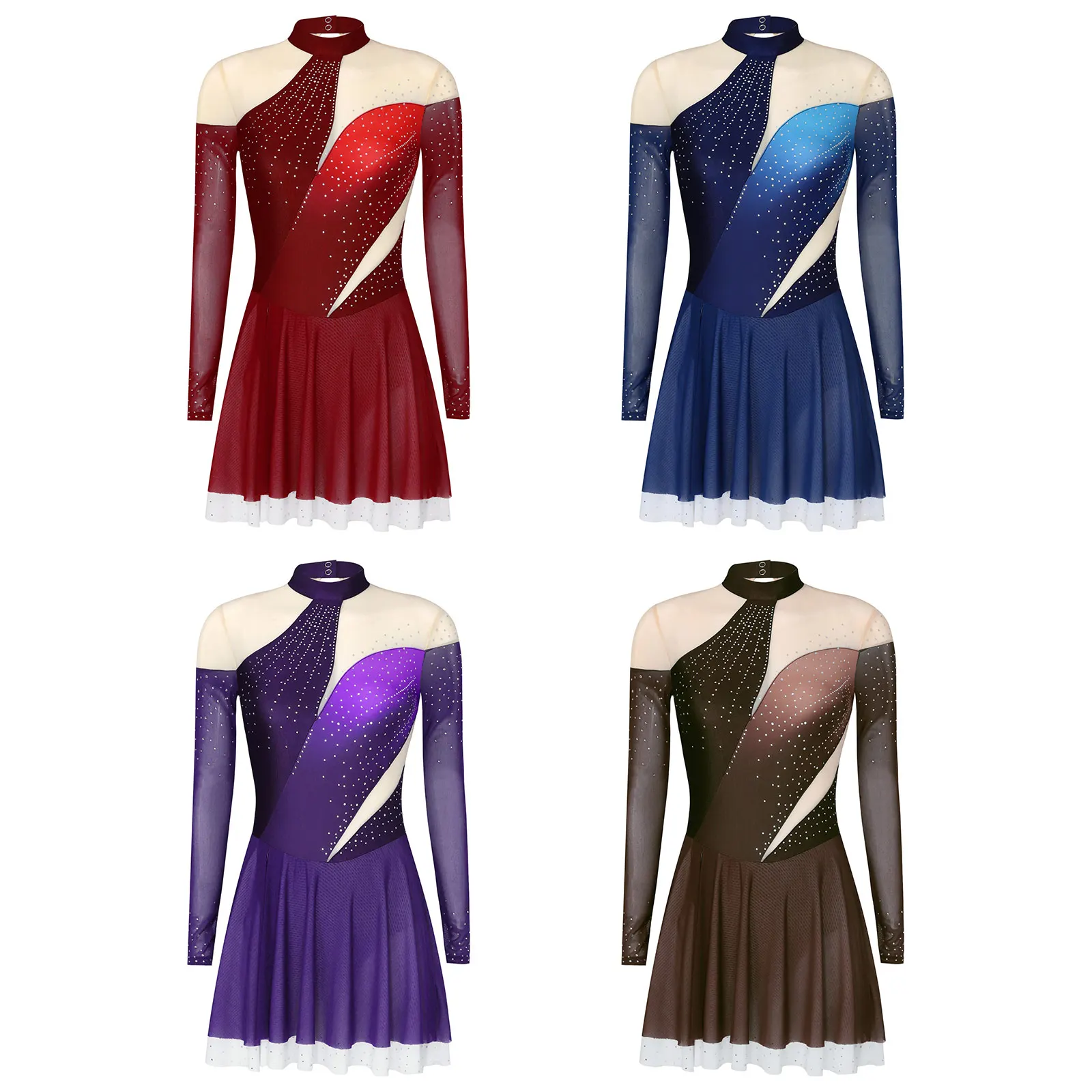 Women Figure Skating Gymnastics Acrobatics Ballet Performance Costume Long Sleeve Shiny Rhinestones Sheer Mesh Leotard Dress