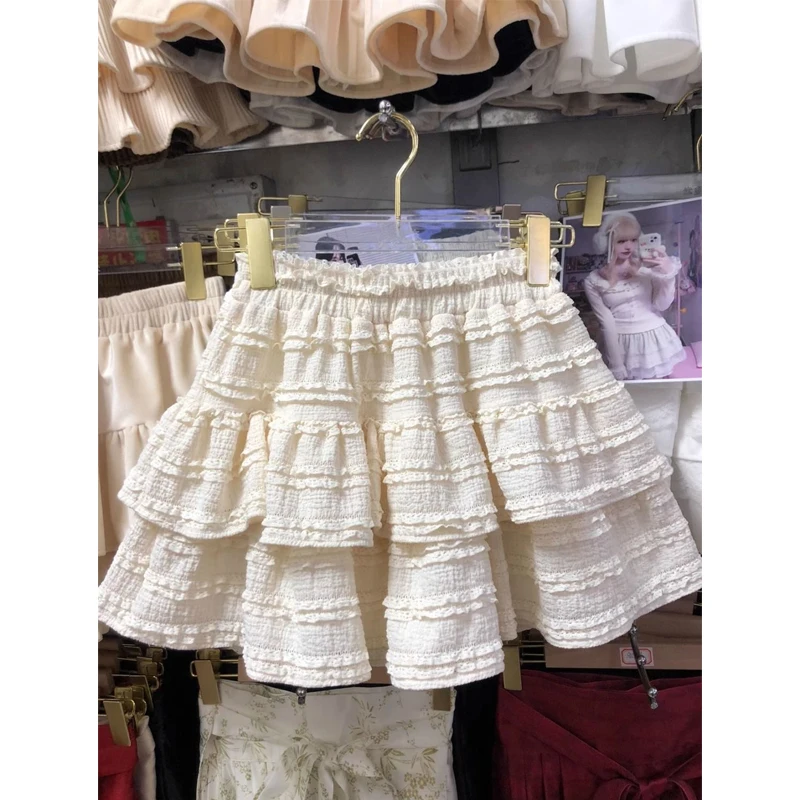 Sweet Lace Patchwork A-line Skirt Summer New Solid Color Loose All-match Fashion Fluffy Short Skirt Elegant Korean Women Clothes