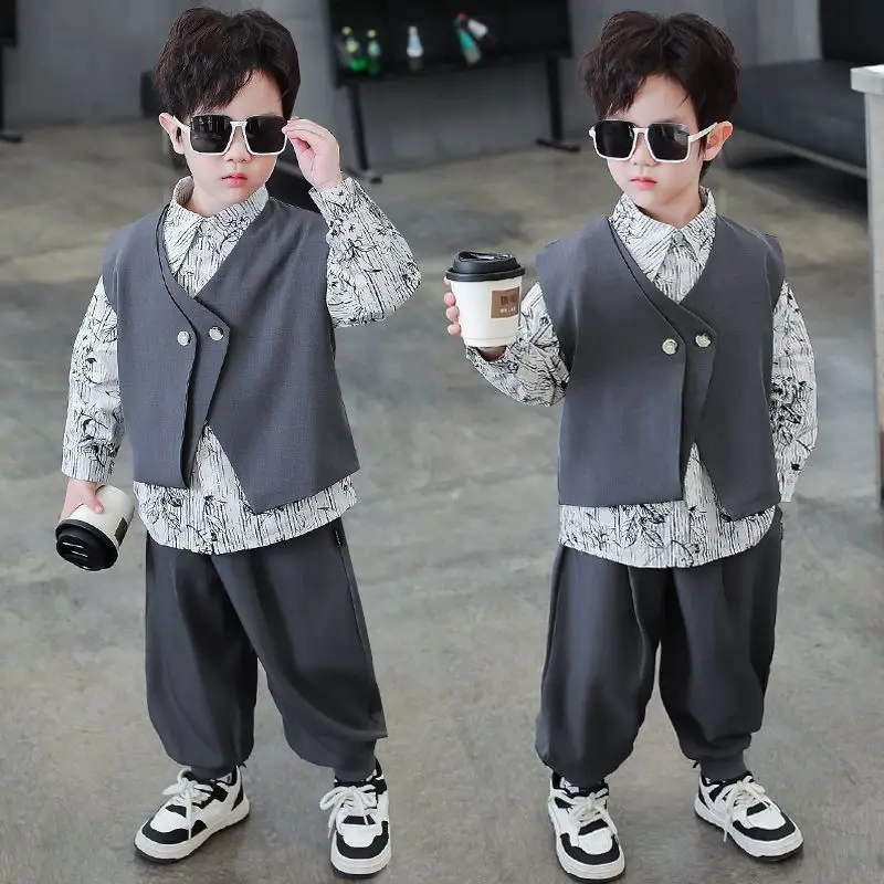 

3 PCS set Spring Autumn Boy Clothing Casual vest+Floral Shirt+Pant Kid Children baby toddler boys Handsome Gentleman clothes