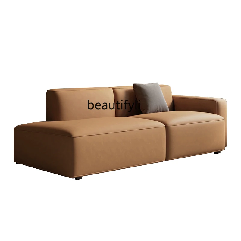 

Nordic light luxury leather sofa living room retro tofu block double three-person module sofa