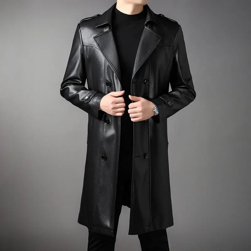 High Quality Knee-Length Men\'s Leather Overcoat for Autumn & Winter Double Breasted  Business Windbreaker Leather Coats PU-026