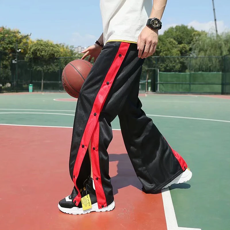 Sweat Pants Custom Side Panel Button Open Elastic Bottom Men Loose Fit Basketball Stacked Joggers Trousers