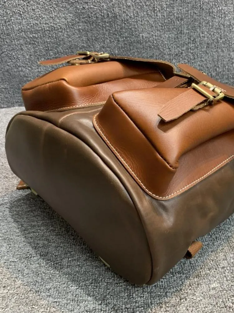 Borsa da viaggio Vintage da uomo di grande capacità Multi tasche zaino in vera pelle di vacchetta zaino Unisex a doppia spalla