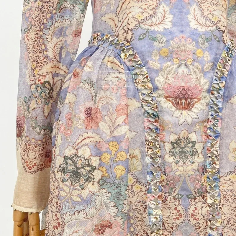 Damska sukienka jedwabna w kwiatowy wzór, sukienki midi ze stójką, długi rękaw, fioletowa vintage jesień nowość 2025