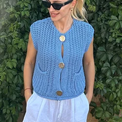 Y2K Women Button Down Sweater Vest Chunky Knit Sleeveless Cropped Cardigan Round Neck Vest Crochet Knitted Crop Top