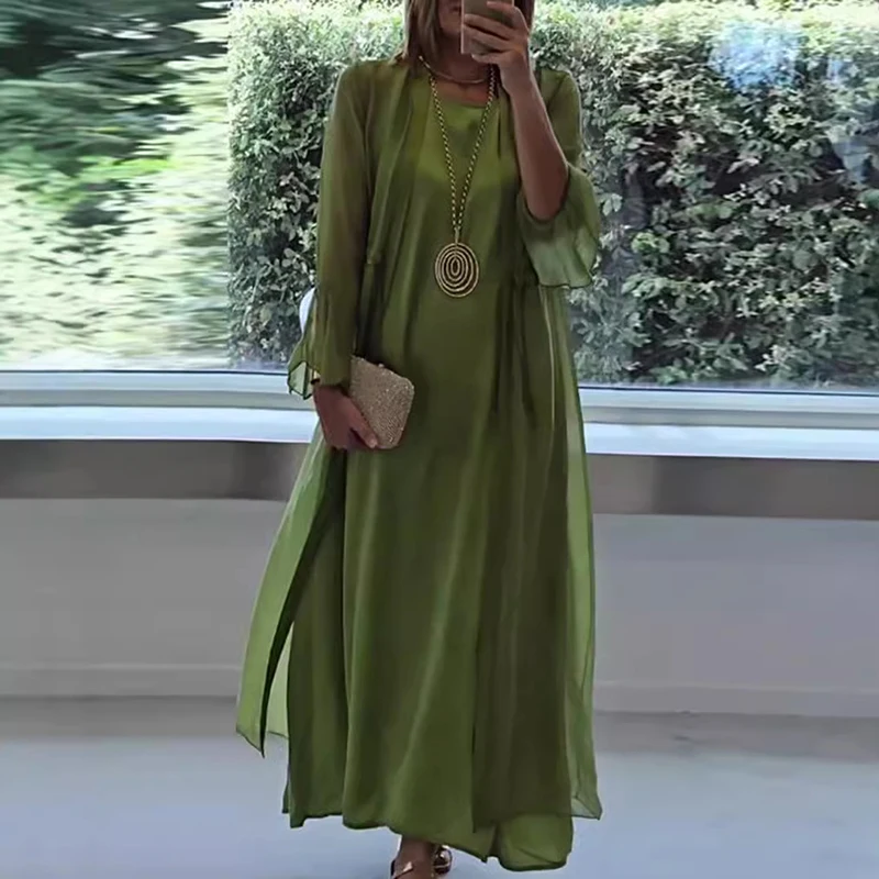 Elegant Solid Color Long Dress Set 2 Piece Women Spring Crew Neck Bohemian Dress With Long Cardigan Autumn Loose Female Clothing