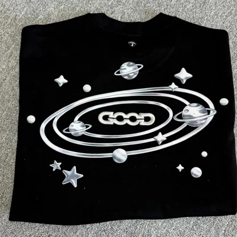 Childhood Planet Surrounding Embroidery Black GOODBRAND Tshirts Men Women Casual Round Neck Short Sleeve Streetwear