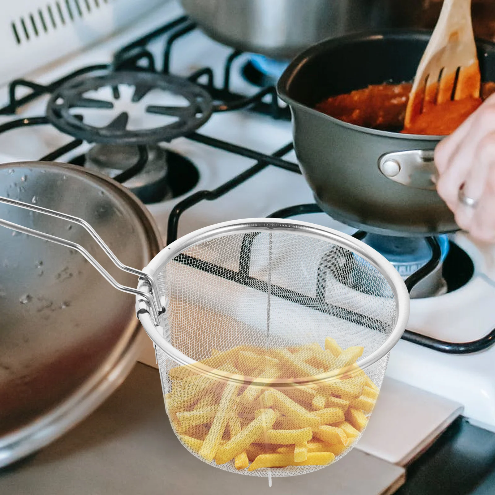 

15cm Stainless Steel Fry Basket for Oil Strainer Heat Resistant Easy Hold Store Deep Fryer Baskets Practical Air Fryer Gadget