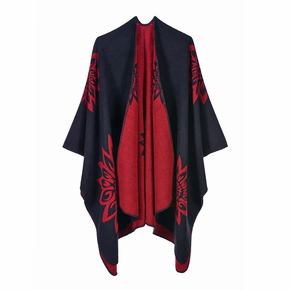 Women's Autumn Winter Scarf Shawl Dual-purpose Travel Warm Double-sided Imitation Cashmere Flower Cloak Ponchos Capes 2