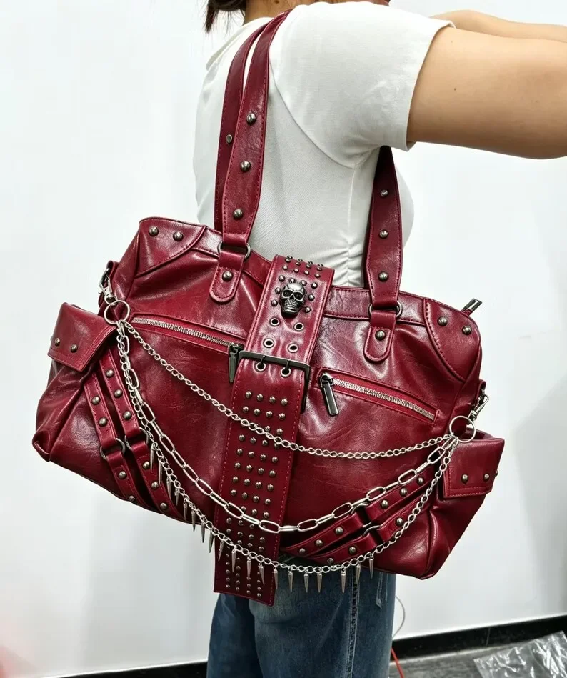 Large Faux Leather Motorcycle Crossbody Tote Bag Red Gothic Skull Rivet Shoulder Bag Women Y2K Punk Chain Spike Handbag