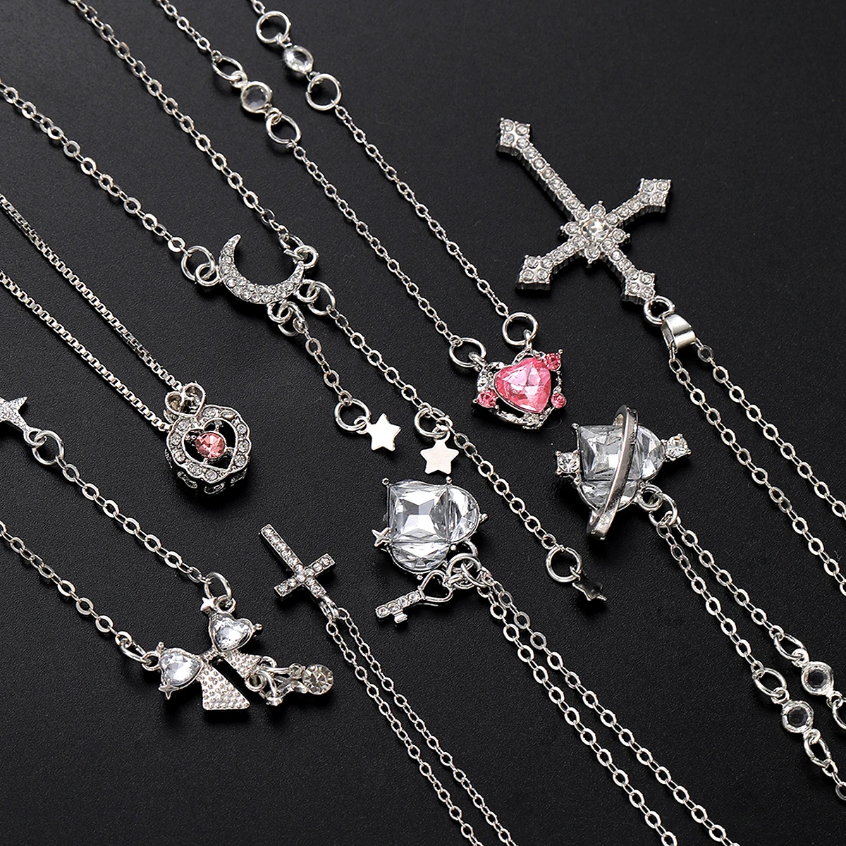 8pcs Y2K Crystal Heart Bow Cross Pendant Necklace Set For Women Fashion Kpop Shiny Clavicle Chain Necklaces Sweet Girls Jewelry image 3