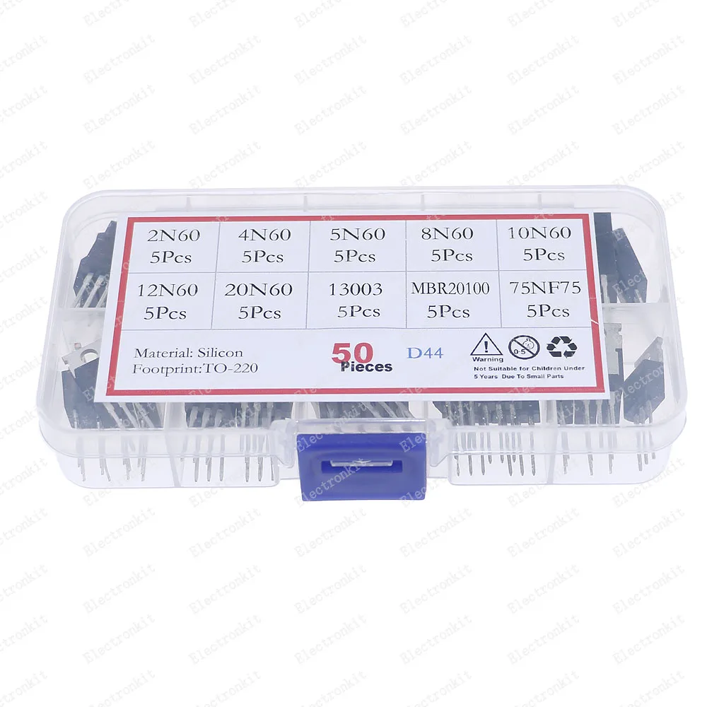 50Pcs 10Values TO-220 Mosfet Transistor Kit Box 2N60 4N60 5N60 8N60 10N60 12N60 20N60 13003 MBR20100 75NF75