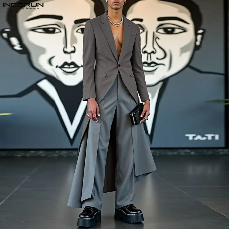 

INCERUN мужской нерегулярный пиджак однотонный мужской костюм с лацканами и длинными рукавами уличная одежда на одной пуговице модный повседневный длинный стильный пиджак мужской