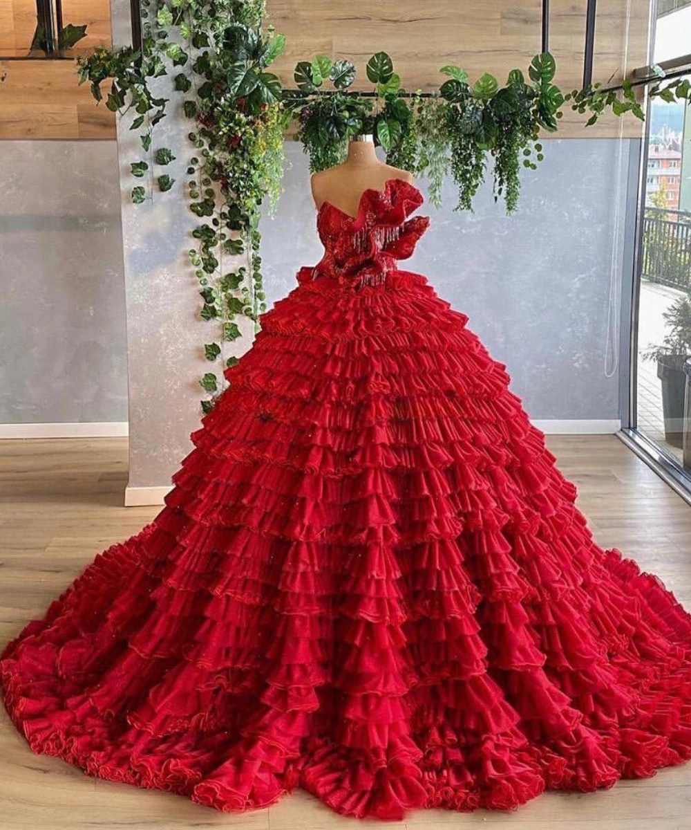 Luxury Red Evening Dresses Long Strapless Luxury Red Carpet Dress Princess Pageant Gowns Formelle Robes