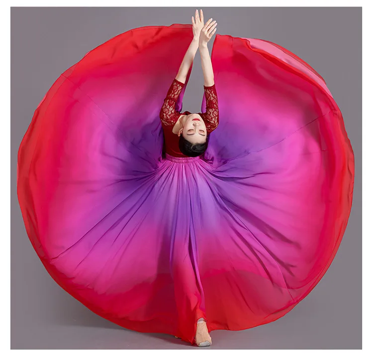 Women's 360-720 Degrees Big-hem Dance Skirts Gradient Color Chiffon Maxi Skirts Elastic-waist Elegant Square Dance A-line Skirts