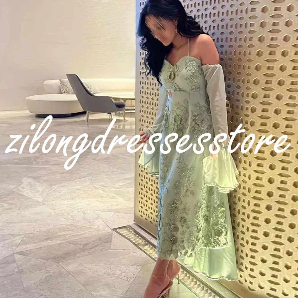 women Green Exquisite Straight Evening Dress V Neck flare sleeve chiffon Ankle Length Appliques Off the Shoulder Saudi Arabia