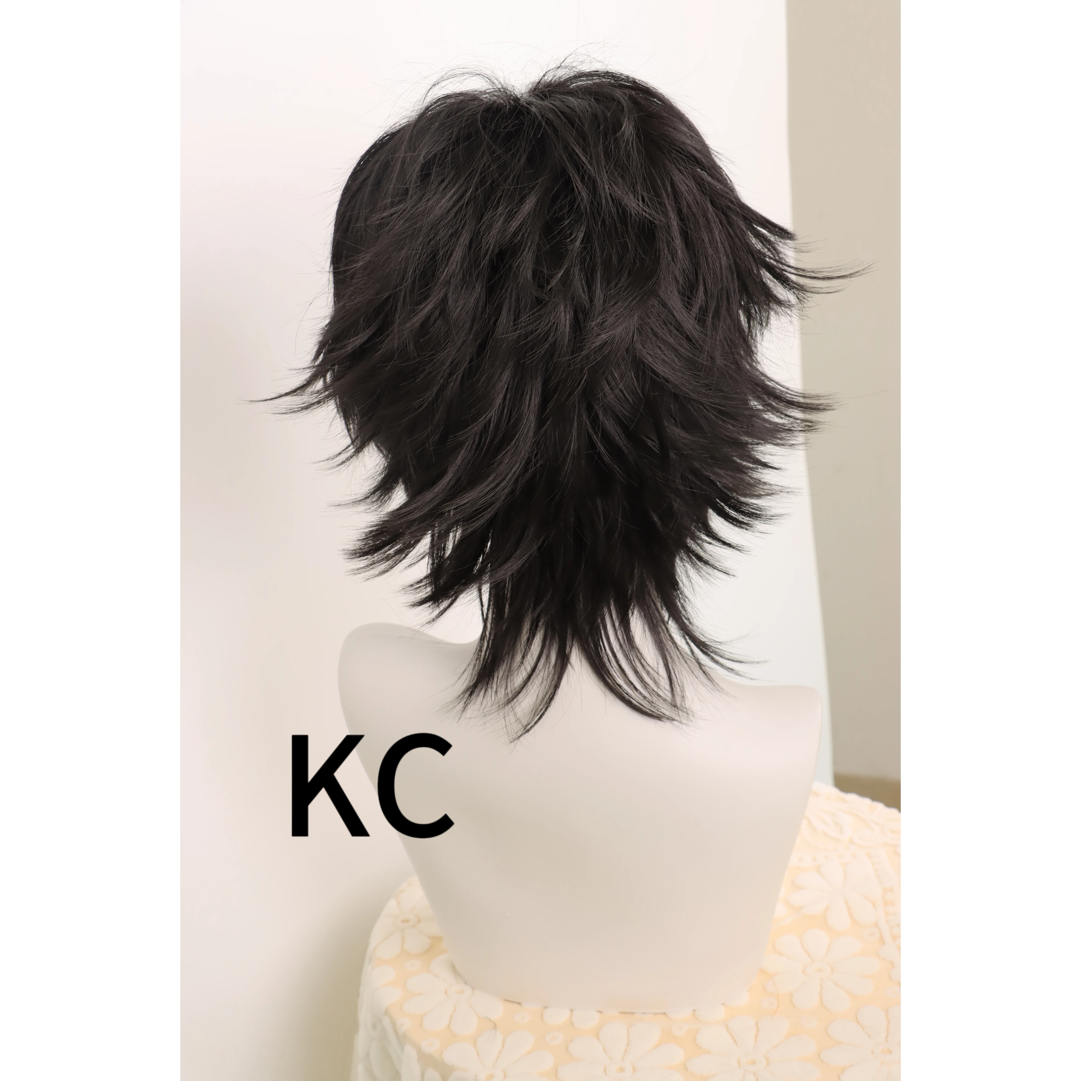 KC 14 Inch/35 cm Short Cosplay Wolf Tail Synthetic Side Bangs Party Wig (Black)