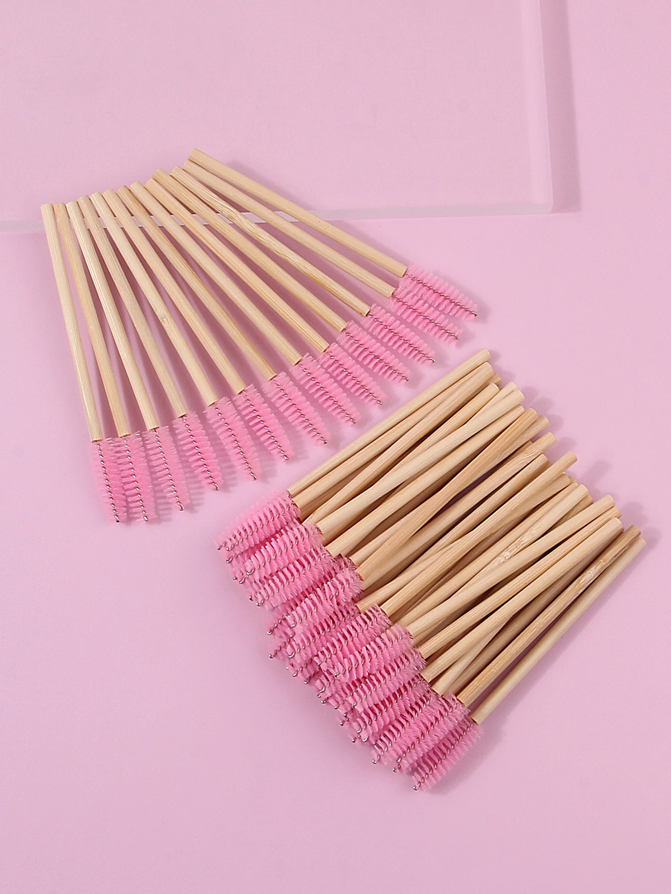 50PCS pink bamboo-handled mascara brush, mini eyebrow brush, spiral eyelash curl makeup brush, portable eye makeup tool
