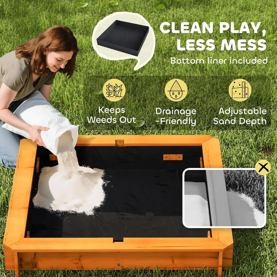 صندوق رمل خشبي مع غطاء، صندوق رمل للأطفال مع مظلة خارجية، صندوق رمل مع مقاعد قابلة للطي وحماية من الرمل، بطانة سفلية