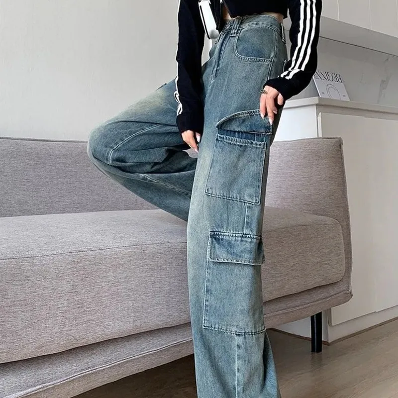 Hip Pop Women High-Waisted Stretch Cargo Jeans Loose Fit Multiple Pockets Trousers Street Style Casual Denim Pants Y2k Trendy