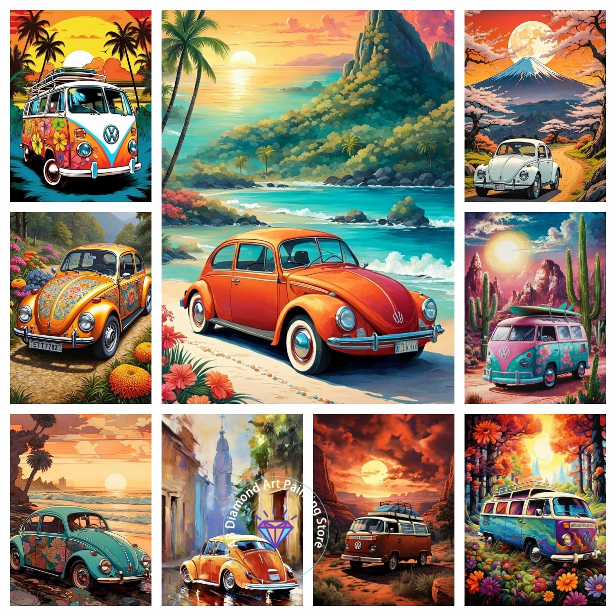 

Beetle car T1 Bus Cartoon Scenery AB Diamond Painting Kit Cross Stitch Handmade Art Gift Crafts Home Decor Adult Children Gift