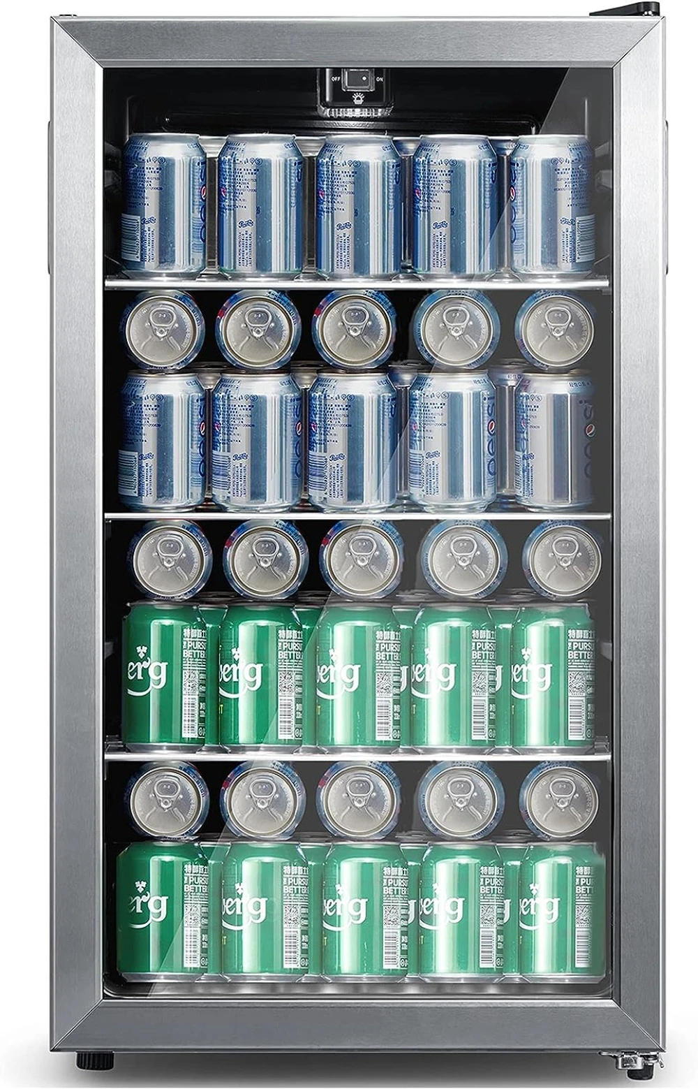 Cooler, 115 Cans Beverage Refrigerator, Adjustable Thermostat, Glass Door With Stainless Steel Frame