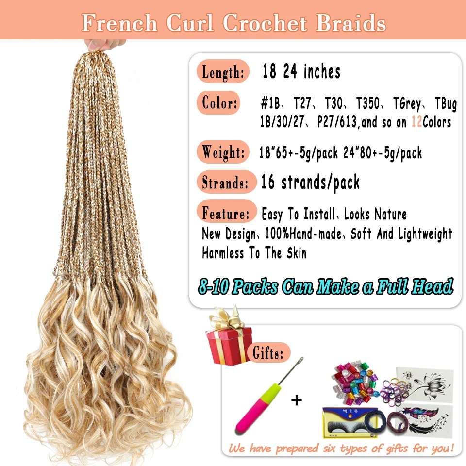 18” 24” Crochet Box Braids Hair with French Curl Ends Blonde P27/613 Bug Ginger Synthetic Pre Looped French Curls Braiding Hair