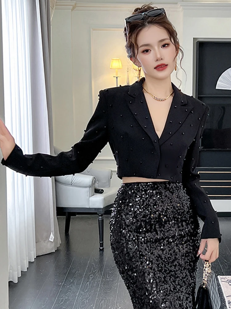 Fashion Chic Women\'s Blazer Office Lady Bright Black Long Sleeve Short Casual Party Coat Ladies Outerwear Stylish Cropped Tops