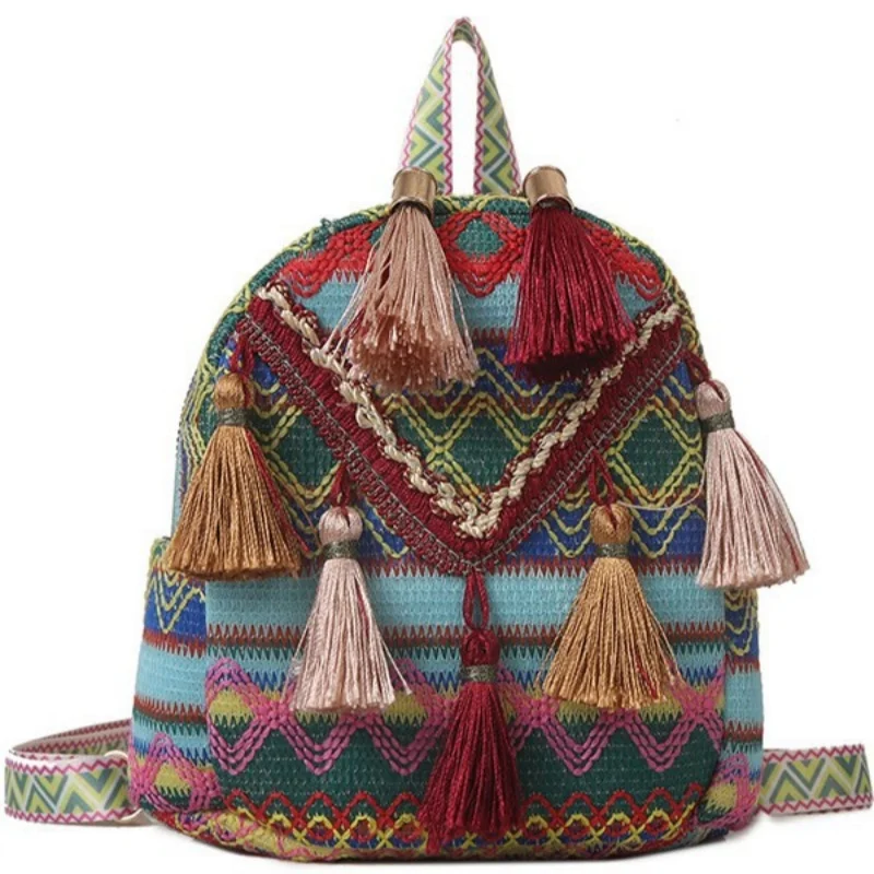Women Bohemian Style Mini Backpack Geometric Weave With Tassels Lightweight Convertible Crossbody Bag For Everyday Vacation - view 5