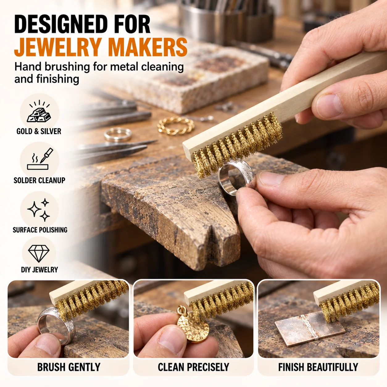 Brass Wire Brush 205mm Wood Handle - For Jewelry Polishing Metal Cleaning Gold Silver Soldering Jewelry Making Supplies
