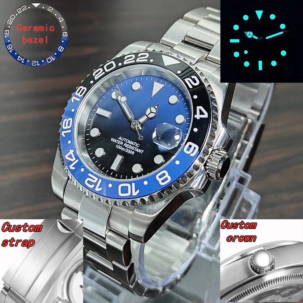 

Custom watches 40mm NH35 movement silver case luxury sapphire crystal aseptic dial ceramic ring cyan luminous fashion watches