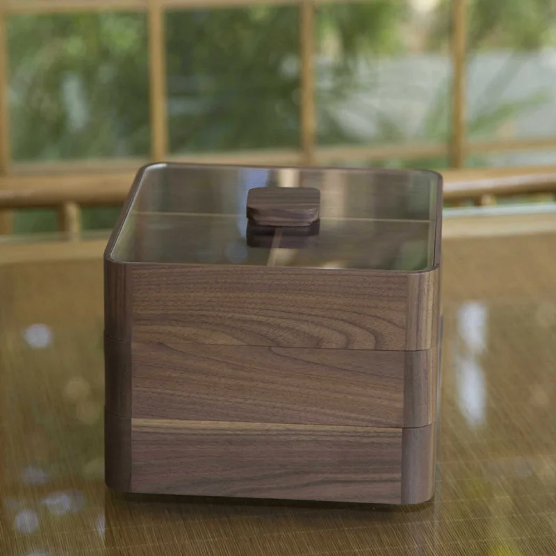 Black Walnut Square Compartment Fruit Tray With Lid Wooden Snack Nut Candy Storage Box Home Coffee Table Desktop Organizer