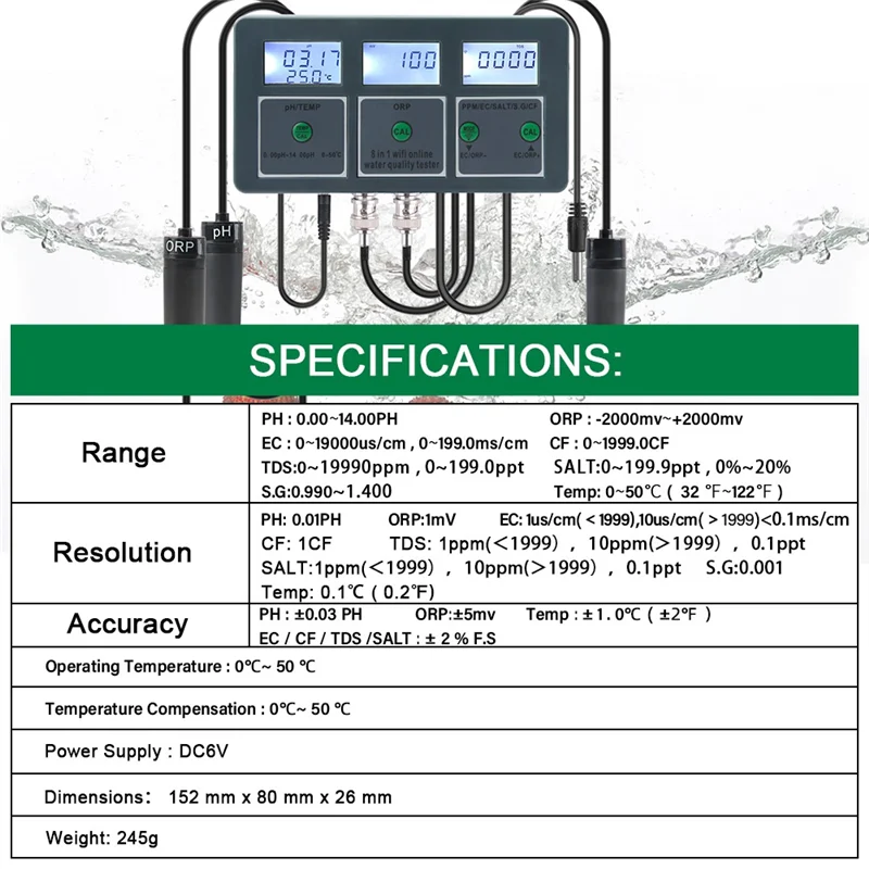 8-in-1 Rechargeable Water Quality Tester Tool S.G PH EC Salt ORP TDS CF Temp Multi Parameter Test for Aquarium US Plug