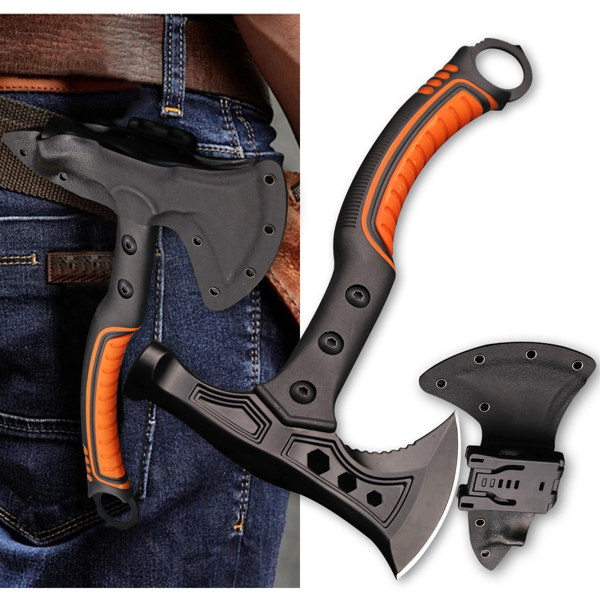 Stainless steel multi-functional axe, outdoor camping axe, tactical survival fire-fighting axe, vehicle-mounted portable axe