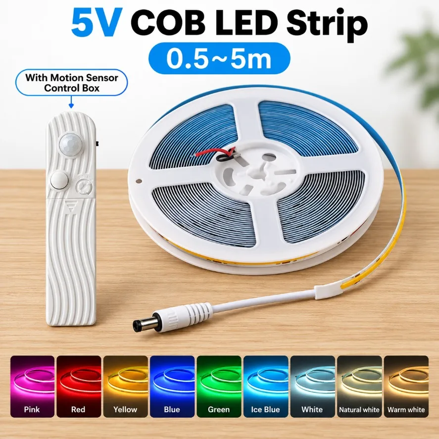 0.5-5m COB LED Strip Light with PIR Motion Sensor Control Box 320 LEDs/m High Density Flexible LED Tape for Household Lighting