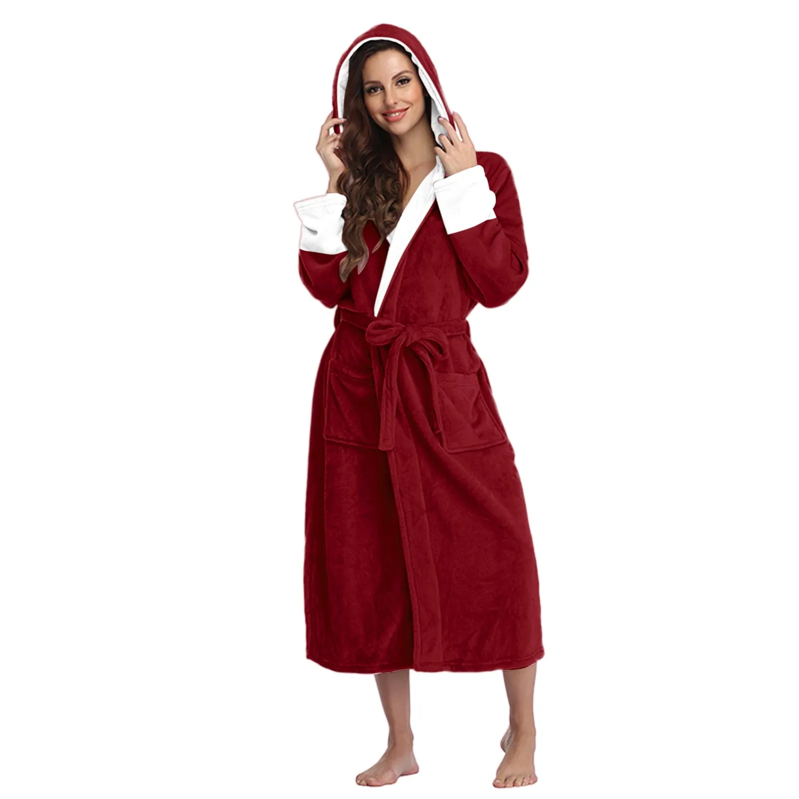 Women\'s Fleece Bathrobe Ladies Dressing Gown Long Hooded Sleepwear Soft Fluffy Pajamas Loose Relaxed Home Robe Wearing Nightwear