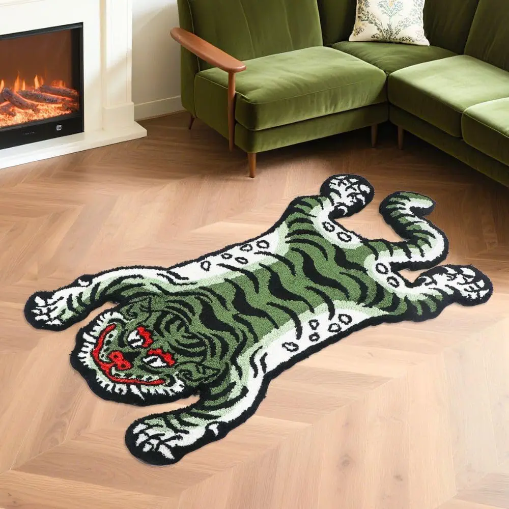 

Green Tibetan Tiger Tufted Rug, 5x3ft, Soft and Washable for Living Room and Bedroom, Nonslip TPR Backing