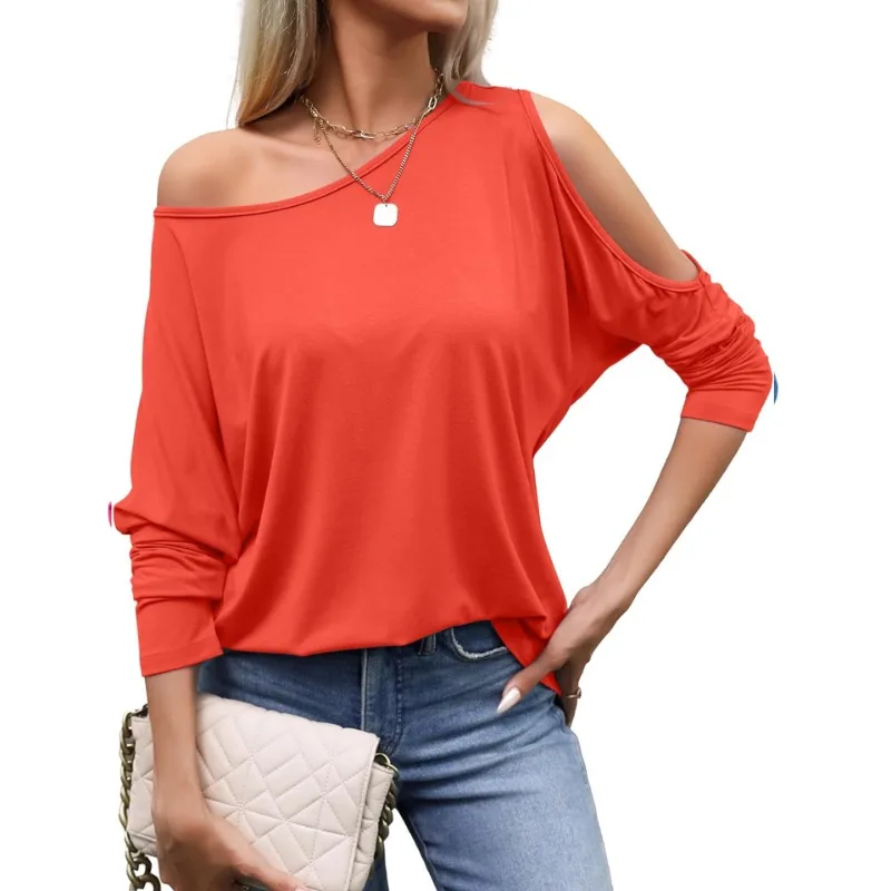 Autumn and Summer New Strapless Loose Bat Shirt Solid Color Diagonal Collar One-shoulder Casual Long-sleeved Streetwear T-shirt