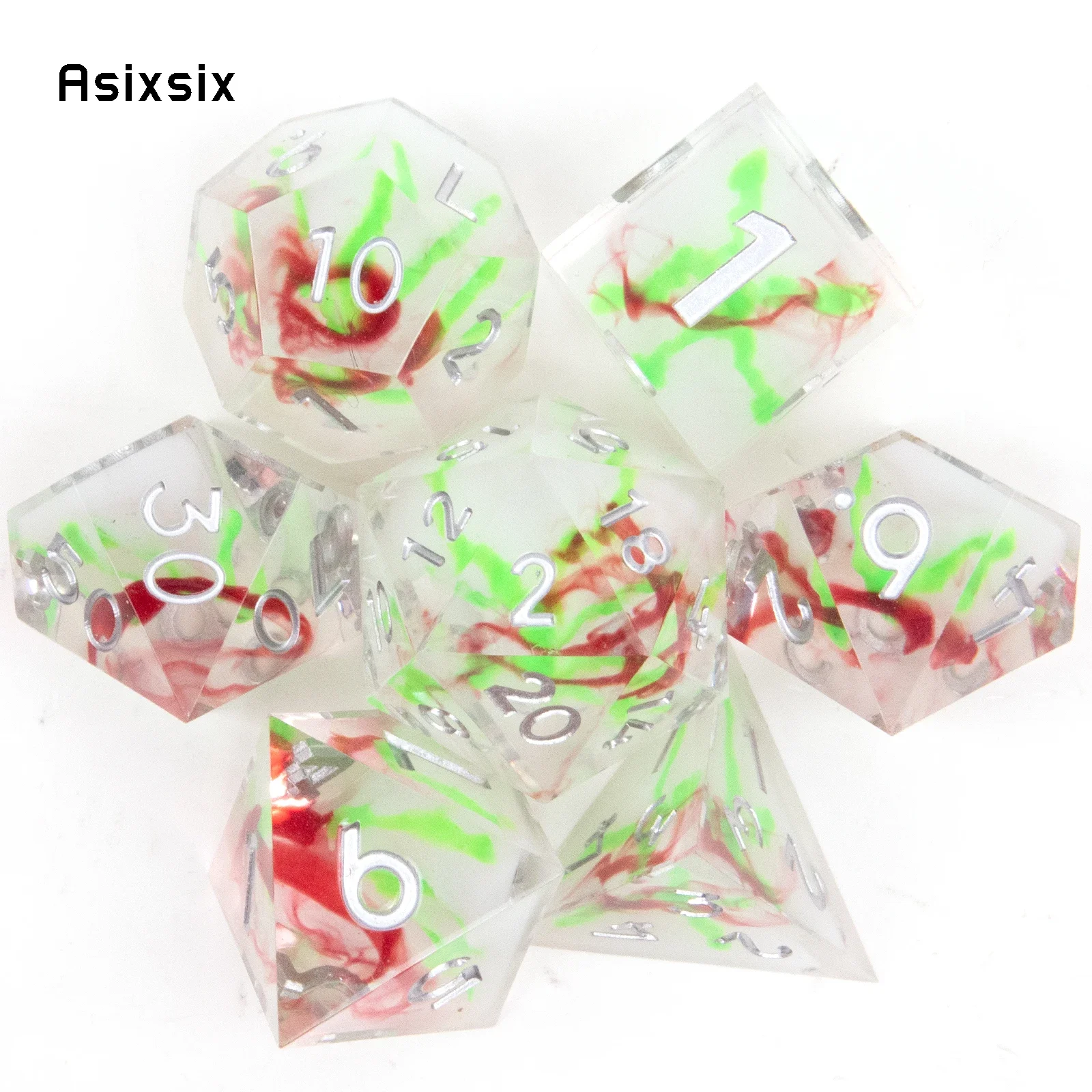 

7 Pcs Red Green Stripe Resin Golden Number Sharp Edge Dice Polyhedral Dice Suitable for Role-Playing RPG Board Game