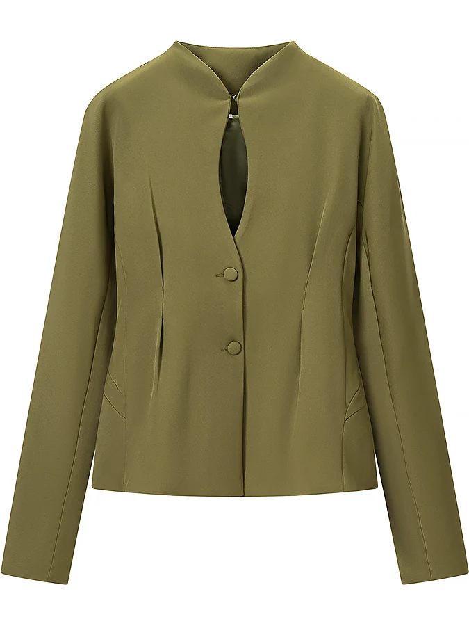 Elegant Hollow out Waist-Cinching Suit Jacket Women's Businesswear Stand Collar Long Sleeve Polyester Fiber Autumn Outerwear