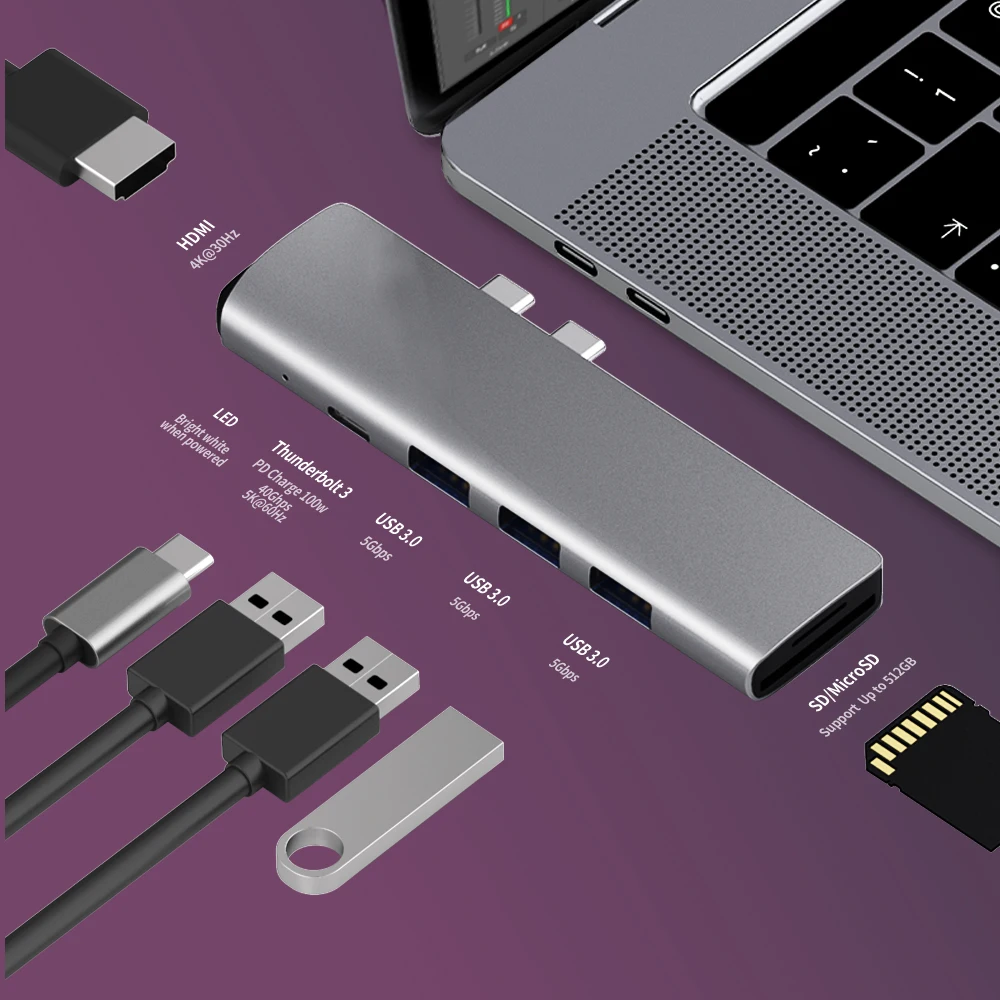 

С hub 3,0 2.0 устройство для чтения карт SD TF слот PD, USB 3.0 Type-C к HDMI адаптеру 4K Thunderbolt USB C hub, подходит для MacBookPro Air